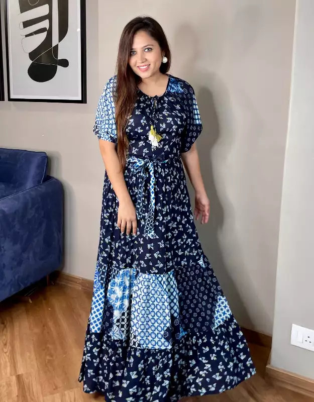 Buy Blue Embroidered Halter Long Dress Online - RK India Store View